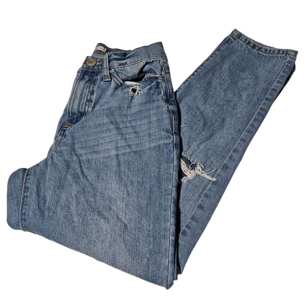 SO High Rise Curvy Mom Jeans Womens Size 1 Light Wash Ripped Denim Pants Juniors